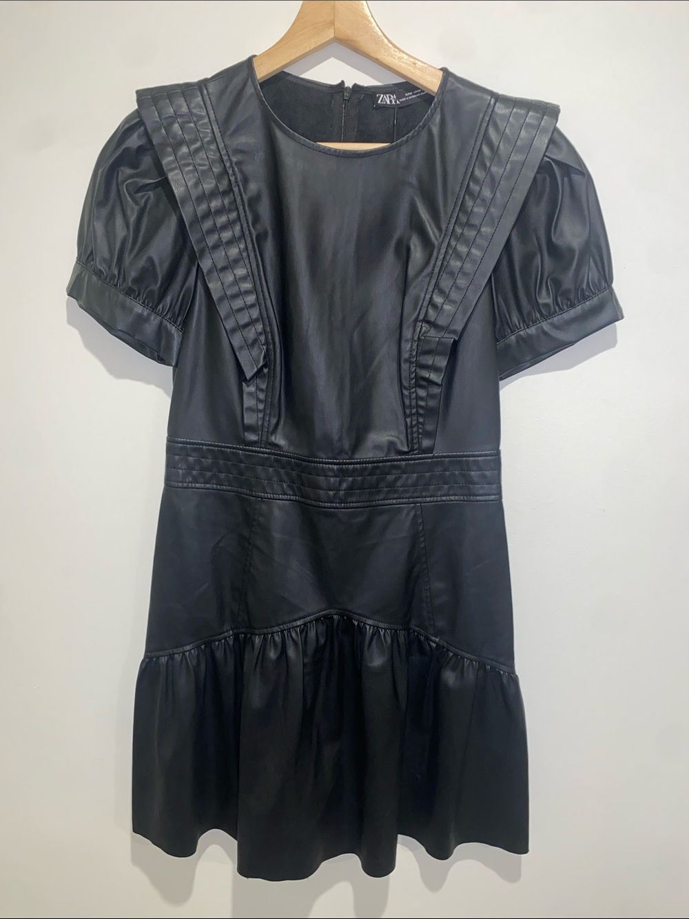ZARA Black Faux Leather Mini Dress with Puff Sleeves